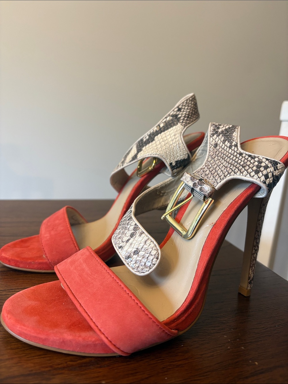 Red Suede & Snakeskin Buckle High Heel Sandals